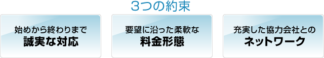 3つの約束 1.始めから終わりまで誠実な対応 2.要望に沿った柔軟な料金形態 3.充実した協力会社とのネットワーク